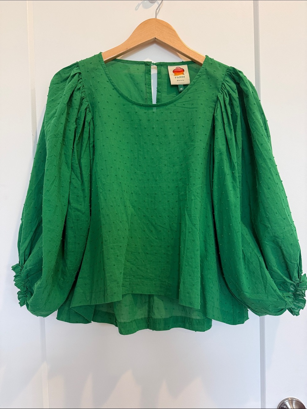 FARM Rio Emerald Green Puff-Sleeve Swiss Dot Blouse